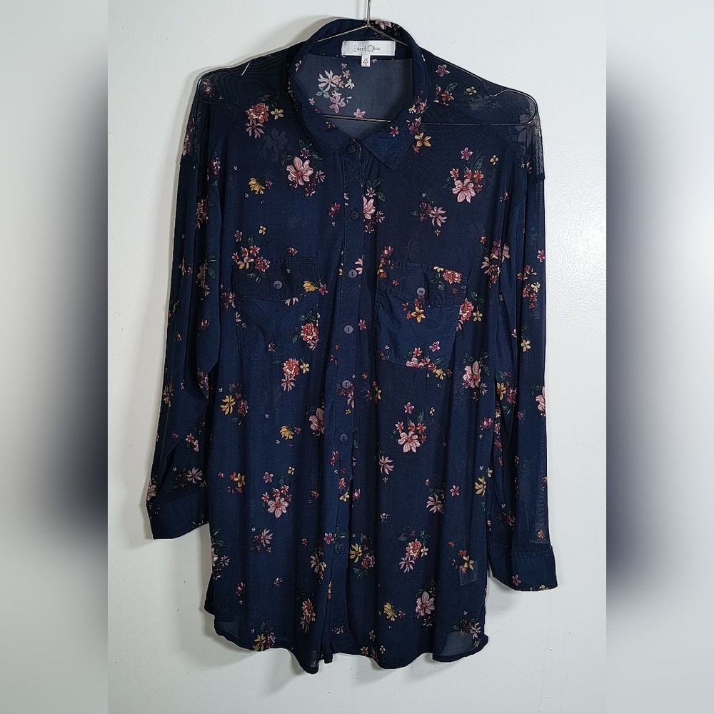 Eden & Olivia Sheer Navy Floral Button Up Blouse Women's Size 2 XL